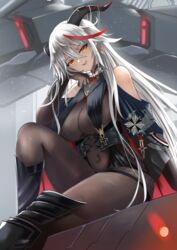  :d aegir_(azur_lane) azur_lane bare_shoulders black_footwear black_gloves bodystocking boots breast_curtains breasts corset covered_navel cross earrings elbow_gloves female gloves hair_on_horn hand_on_own_cheek hand_on_own_face highres horns iron_cross jewelry knee_boots knee_up large_breasts long_hair looking_at_viewer manjirou_(manji_illust) multicolored_hair open_mouth sitting smile solo streaked_hair teeth two-tone_hair upper_teeth_only v-shaped_eyebrows very_long_hair white_hair yellow_eyes 