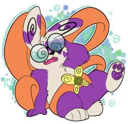  2023 absurd_res after_transformation altpal234 belt dizzy dizzy_eyes eyewear fan_character featureless_crotch feet female foot_focus fur generation_3_pokemon glasses hi_res jewelry nintendo pawpads paws pokemon pokemon_(species) purple_body purple_fur purple_pawpads rubbing_head solo spinda starwolfskin white_body white_fur zgf_art 