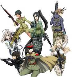  6+girls acog adaptive_combat_rifle akitsu_maru_(kancolle) ar-15 assault_rifle atago_(kancolle) camouflage camouflage_pants colt_commando commentary_request cross eotech fn_scar fn_scar_16 foregrip gewehr_43 gloves grenade_launcher gun gun_sling handgun hatsuyuki_(kancolle) headgear headset helmet highres iron_cross kantai_collection kinugasa_(kancolle) load_bearing_vest long_hair m1911 m4_carbine magazine_(weapon) mauser_c96 military military_operator military_uniform mogami_(kancolle) mossberg_500 multiple_girls mutsu_(kancolle) muzzle_device nachi_(kancolle) pants pump_action remington_arms rifle shotgun tropical_camouflage underbarrel_grenade_launcher uniform vertical_foregrip weapon wolf_(raidou-j) 