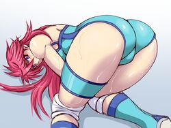  all_fours ass blue_leotard boots breasts commentary_request female leotard long_hair medium_breasts mighty_yukiko pink_hair purple_eyes smile solo sweat taroimo_(00120014) wrestle_angels wrestle_angels_survivor wrestling_outfit wristband 