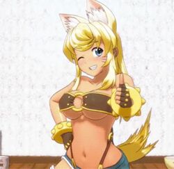  3d animal_ears animated animated blonde_hair blue_eyes bouncing_breasts breasts dark-skinned_female dark_skin extra_ears female large_breasts liru lowres myu_ranran o-ring o-ring_top renkin_san-kyuu_magical_pokaan smile solo tail thumbs_up winking_(animated) wolf_ears wolf_girl wolf_girl_with_you wolf_tail yellow_tail 