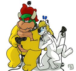  2015 anthro blonde_hair bowser bowserboy101 collar controller dragon duo game_controller hair horn koopa male mario_bros mythological_creature mythological_scalie mythology nintendo nogard_krad_nox red_hair scales scalie simple_background sitting smile spiked_collar spikes standing tail tattoo white_background white_body white_scales yellow_body yellow_scales 