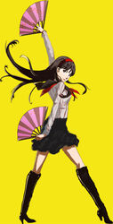  amagi_yukiko black_hair boots brown_eyes cosplay edit edited fan female hairband high_heel_boots high_heels holding_fan kirijou_mitsuru kirijou_mitsuru_(cosplay) knee_boots knee_high_boots megami_tensei nanaya_(daaijianglin) persona persona_4 school_uniform shin_megami_tensei skirt solo white_blouse 