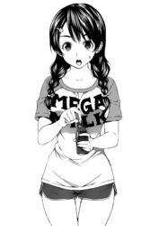  :o alternate_breast_size bottle braid breasts casual clothes_writing female greyscale gym_shorts hair_ornament hairclip looking_at_viewer medium_breasts mega_milk meme_attire monochrome open_mouth raglan_sleeves shirt shokugeki_no_souma short_shorts short_sleeves shorts simple_background solo sweatdrop t-shirt tadokoro_megumi transparent_background twin_braids water_bottle 