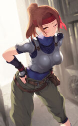  armor backlighting belt belt_pouch black_gloves blue_bodysuit blurry blurry_background blush bodysuit bodysuit_under_clothes boobplate breastplate breasts brown_eyes brown_hair cait_aron closed_mouth commentary covered_collarbone elbow_sleeve female final_fantasy final_fantasy_vii final_fantasy_vii_remake fingerless_gloves fishnet_top fishnets gloves green_pants hands_on_own_hips headband highres jessie_rasberry large_breasts leaning_forward lips long_hair looking_at_viewer one_eye_closed pants parted_bangs pauldrons photoshop_(medium) ponytail pouch red_headband short_sleeves shoulder_armor shoulder_pads smile solo turtleneck 