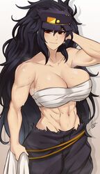  abs airisubaka artist_name baggy_pants banchou bare_shoulders black_hair black_pants breasts chest_sarashi commentary daidouji_(senran_kagura) delinquent female hat highres large_breasts long_hair messy_hair mole mole_under_eye muscular muscular_female obliques pants red_eyes sarashi senran_kagura smile solo sweat symbol-only_commentary white_background 