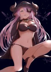  aqua_(popogori) bikini black_bikini black_bow black_footwear black_gloves blue_eyes blush bow breasts closed_mouth draph elbow_gloves female fingerless_gloves gloves granblue_fantasy hair_ornament hair_over_one_eye hairbow high_heels hood hood_up horns large_breasts light_purple_hair lips long_hair looking_at_viewer md5_mismatch narmaya_(granblue_fantasy) narmaya_(the_black_butterfly)_(granblue_fantasy) navel official_alternate_costume parted_lips pointy_ears resolution_mismatch side-tie_bikini_bottom solo source_smaller swimsuit very_long_hair 