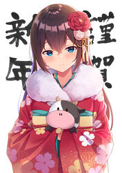  blue_eyes brown_hair closed_mouth female floral_print flower fur_collar hair_between_eyes hair_flower hair_ornament hicha_nomu holding holding_stuffed_toy japanese_clothes kimono long_hair long_sleeves looking_at_viewer new_year original print_kimono red_flower red_kimono simple_background smile stuffed_animal stuffed_cow stuffed_toy text_background translated upper_body white_background wide_sleeves 