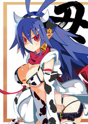  absurdres animal_ears animal_print antenna_hair bell belt bikini blue_hair blush breasts cleavage commentary_request cow_ears cow_horns cow_print cow_tail demon_girl disgaea disgaea_d2 fake_animal_ears fake_horns fake_tail female genderswap_(mtf) highres horns laharl laharl-chan large_breasts leash long_hair miyakawa106 o-ring o-ring_top pointy_ears pout red_eyes rule_63 sidelocks solo spiked_hair swimsuit tail tearing_up viewer_holding_leash wet 