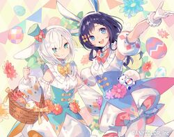  2girls aiba_uiha animal_ears ars_almal blue_eyes blue_hair blue_headwear blue_skirt bow breasts clenched_hand detached_sleeves dress easter easter_egg egg fake_animal_ears gloves hat hat_bow high-waist_skirt long_sleeves medium_breasts medium_hair mini_hat mole mole_under_eye multiple_girls nijisanji official_art open_hand orange_bow puffy_detached_sleeves puffy_long_sleeves puffy_short_sleeves puffy_sleeves rabbit_ears red_bow short_hair short_sleeves skirt smile tobi_(kotetsu) virtual_youtuber white_dress white_gloves white_hair 