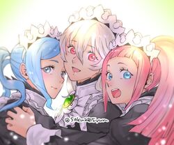  3girls blue_eyes blue_hair closed_mouth corrin_(female)_(fire_emblem) corrin_(fire_emblem) felicia_(fire_emblem) fire_emblem fire_emblem_fates flora_(fire_emblem) from_side gem long_hair long_sleeves looking_to_the_side maid maid_headdress multiple_girls open_mouth pink_hair ponytail red_eyes siblings sisters tombsakura twintails twitter_username upper_body white_hair 