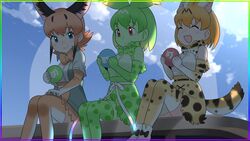  3girls animal_ears blonde_hair caracal_(kemono_friends) cat_ears cat_tail cats_yone cellval gloves green_hair highres kemono_friends kemono_friends_3 multiple_girls necktie open_mouth orange_hair serval_(kemono_friends) shirt short_hair skirt smile tail 