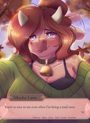  anthro ardail autumn bell blue_eyes blush bodily_fluids bovid bovine bra breasts brown_hair cattle cleavage clothed clothing collar cowbell ear_flick english_text falling_leaves female hair hi_res horn mammal mocha_latte solo sweater tears text text_box topwear underwear 