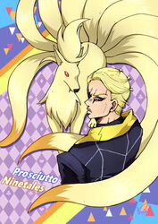  1boy argyle_background black_shirt blonde_hair blue_eyes clover club_(shape) commentary_request crossover diamond_(shape) heart highres jojo_no_kimyou_na_bouken kogawa_(kris_386k) male_focus ninetales pokemon pokemon_(creature) prosciutto red_eyes shirt spade_(shape) tail triangle 