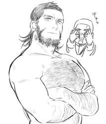  2boys arm_hair bad_id bad_pixiv_id bara beard blush buzz_cut chest_hair chibi chibi_inset covering_own_eyes crossed_arms earrings facial_hair golden_kamuy greyscale hairy hoop_earrings jewelry kiroranke large_pectorals looking_at_viewer male_focus mature_male medium_hair monochrome multiple_boys muscular muscular_male navel_hair nipples nore_(boosuke) nude pectorals shiraishi_yoshitake short_hair translation_request upper_body very_short_hair yaoi 