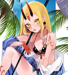  artist_name bad_id bad_pixiv_id banner bare_shoulders bebe_(bebe_pp) bikini black_bikini black_nails blonde_hair blue_kimono breasts commentary_request commission earrings facial_mark fate/grand_order fate_(series) female front-tie_bikini_top front-tie_top holding horns ibaraki_douji_(fate) ibaraki_douji_(swimsuit_lancer)_(fate) ibaraki_douji_(swimsuit_lancer)_(first_ascension)_(fate) japanese_clothes jewelry kimono long_hair looking_at_viewer medium_breasts oerba_yun_fang off_shoulder oni oni_horns open_mouth signature sitting skeb_commission skin_fang solo swimsuit tattoo yellow_eyes 