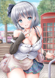  akino_irori alternate_breast_size alternate_costume bag black_bra blue_eyes blue_skirt blue_sky bob_cut bra breasts cleavage cloud commentary_request contemporary contrapposto cowboy_shot day detached_sleeves female finger_to_own_chin food_truck grey_hair hair_ribbon hand_up handbag head_tilt highres jewelry konpaku_youmu large_breasts layered_skirt light_blush looking_at_viewer motor_vehicle necklace off-shoulder_shirt off_shoulder open_mouth outdoors pendant phone_booth pink_skirt plaid plaid_skirt polka_dot polka_dot_headwear ribbon sett shirt short_hair sign single_sleeve skirt sky sleeveless sleeveless_shirt sleeves_past_wrists solo standing star_(symbol) star_print teeth touhou tree truck underwear upper_teeth_only white_shirt wrist_cuffs 