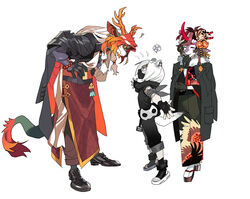  1boy 2girls animal_ears arknights bad_source blocking bodyguard chinese_clothes corrupted_metadata full_body furry furry_female furry_male height_difference horns husband_and_wife japanese_clothes kimono laughing mask mouth_mask multiple_girls ninja ninja_mask okobo princess_fumizuki_(arknights) sandals shirayuki_(arknights) shoes spoken_x stoat_girl sweatdrop tail weasel_ears weasel_girl weasel_tail wei_yenwu_(arknights) yu_yanshu 