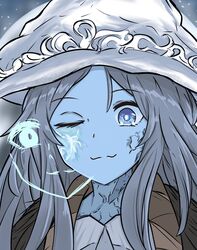  :3 absurdres blue_eyes blue_skin bright_pupils cloak closed_mouth colored_skin cracked_skin doyagao elden_ring extra_faces female fur_cloak grey_hair hat highres long_hair looking_at_viewer one_eye_closed portrait ranni_the_witch smile smug solo tavi_(hosheezus) white_pupils witch_hat 