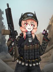  40mm_grenade absurdres alternate_costume assault_rifle baseball_cap blood bulletproof_vest commission commissioner_upload ear_protection eyeball female girls&#039;_frontline grenade_launcher gun hat highres m203 m4_carbine m4_sopmod_ii m4_sopmod_ii_(girls&#039;_frontline) magazine_(weapon) mechanical_arms red_eyes rifle ruins smile trigger_discipline underbarrel_grenade_launcher weapon zap-nik 