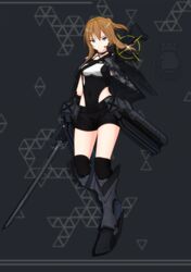  alternate_costume armored_boots azur_lane black_background black_footwear black_gloves black_shorts blue_eyes boots breasts brown_hair covered_navel en_go_(kuro_nigiri) female gloves gun highres holding holding_sword holding_weapon long_hair looking_at_viewer mechanical_boots medium_breasts repulse_(azur_lane) rifle royal_navy_emblem_(azur_lane) short_shorts shorts simple_background solo sword weapon 