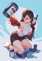  armpits bare_legs bare_shoulders black_hair black_skirt bottle breasts can closed_mouth collarbone crop_top crushed_can dangle_earrings earrings female final_fantasy final_fantasy_vii fingerless_gloves full_body giving gloves highres holding holding_bottle jewelry kneeling large_breasts long_hair looking_at_viewer miniskirt red_eyes red_gloves shirt shop_p skirt sleeveless smile socks solo swept_bangs tank_top thighs throwing tifa_lockhart tossing white_shirt white_socks 