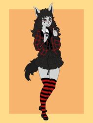  absurd_res alternative_fashion anthro black_hair bottomwear clothing curled_hair digital_drawing_(artwork) digital_media_(artwork) efradraws eyebrows facial_markings female fur generation_3_pokemon goth gothic_lolita grey_body grey_fur hair head_markings hi_res j-fashion legwear lolita_(fashion) markings metal mightyena nintendo pokemon pokemon_(species) pupils red_pupils simple_background skirt solo stockings thick_eyebrows yellow_sclera 