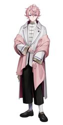  1boy black_footwear black_pants blue_hair chinese_clothes earrings full_body grey_jacket highres jacket jewelry looking_at_viewer male_focus minase_(neo-porte) multicolored_hair neo-porte official_art pants pink_hair pink_jacket pink_shawl shawl shirt single_earring smile solo standing streaked_hair tangzhuang usuke_(u_skeeep) virtual_youtuber white_background white_hair white_shirt 