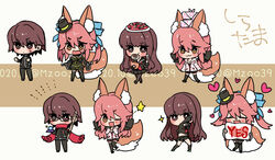  1boy 2girls :3 animal_ear_fluff animal_ears artist_name blush brown_eyes brown_hair cake chibi clenched_hands closed_mouth commentary_request fate/extra fate/extra_ccc fate_(series) food fox_ears fox_girl fox_tail full_body glasses hair_between_eyes heart holding holding_pillow holding_spoon kishinami_hakuno_(female) kishinami_hakuno_(male) long_hair long_sleeves mapo_tofu multiple_girls multiple_persona one_eye_closed open_mouth orb osakana_(rrg0123) pillow pink_hair pose red_scarf scarf school_uniform serafuku sidelocks smile split_ponytail spoon star_(symbol) sweatdrop swiss_roll tail talisman tamamo_(fate) tamamo_no_mae_(fate/extra) tamamo_no_mae_(sable_mage)_(fate) tamamo_no_mae_(spring_casual)_(fate) thighhighs tsukumihara_academy_uniform_(fate/extra_ccc) twitter_username v-shaped_eyebrows yellow_eyes yes yes-no_pillow 