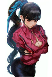  arms_under_breasts black_gloves black_hair black_pants blouse blue_ribbon blunt_bangs breasts brown_eyes cleavage commentary crossed_arms dangle_earrings earrings english_commentary eve_(stellar_blade) female gloves hair_pulled_back hair_ribbon highres jewelry large_breasts lips long_hair long_sleeves looking_at_viewer magion02 nose pants pink_shirt ponytail red_passion_(stellar_blade) ribbon shirt shirt_tucked_in solo stellar_blade very_long_hair white_background 