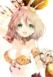  arm_up bangle bare_shoulders bell bracelet breasts brown_hair choker cleavage crown female gold_armlet highres holding holding_weapon jewelry jingle_bell kakuwashi light_blush looking_at_viewer medium_breasts oerba_yun_fang open_mouth refrain_no_chika_meikyuu_to_majo_no_ryodan short_hair skin_fang smile solo standing theatrical_star upper_body weapon white_background 