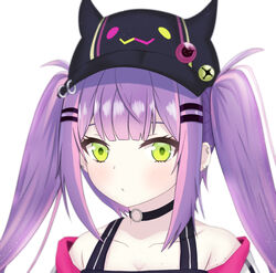  bare_shoulders baseball_cap bibi_(tokoyami_towa) black_choker black_hat breasts choker cleavage closed_mouth collarbone commentary_request fake_horns female green_eyes hair_ornament hairclip hat highres hololive horned_headwear horns jacket long_hair looking_at_viewer multicolored_hair o-ring o-ring_choker off_shoulder pink_hair purple_hair simple_background solo sprout_(haji_s) streaked_hair tokoyami_towa tokoyami_towa_(1st_costume) twintails virtual_youtuber white_background white_jacket 