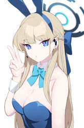  absurdres animal_ears bare_shoulders blonde_hair blue_archive blue_bow blue_eyes blue_hair blue_hairband blue_leotard bow braid breasts cleavage collar collarbone commentary_request detached_collar earrings fake_animal_ears female hairband hairbow halo hand_up headset highres jewelry korean_commentary leotard light_brown_hair looking_at_viewer medium_breasts multicolored_hair parted_lips playboy_bunny rabbit_ears simple_background solo sprout_(haji_s) strapless strapless_leotard streaked_hair stud_earrings toki_(blue_archive) toki_(bunny)_(blue_archive) v white_background white_collar wing_collar wrist_cuffs 