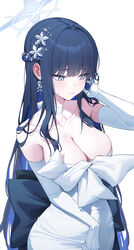  absurdres averting_eyes back_bow blue_archive blue_hair bow breasts choker cleavage collarbone commentary dress elbow_gloves female gloves goeleu halo highres large_breasts long_hair looking_down multicolored_hair saori_(blue_archive) saori_(dress)_(blue_archive) simple_background solo straight_hair two-tone_hair very_long_hair white_background white_choker white_dress white_gloves 