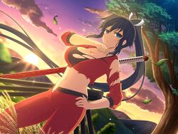  bikini_tan black_hair black_sports_bra blue_sky blush body_blush breasts cleavage closed_mouth cloud collarbone dark-skinned_female dark_skin dusk evening falling_leaves female fuchi_(hilt) gradient_sky grass green_eyes groin hair_ribbon hand_on_own_hip high_ponytail homura_(senran_kagura) hood hooded_track_jacket horizon jacket katana koshirae large_breasts leaf lens_flare light_particles long_hair looking_at_viewer mountain mountainous_horizon multicolored_sky multiple_swords nature navel official_alternate_costume official_art ootachi orange_sky outdoors pants pink_sky plant ponytail purple_sky red_pants red_track_suit ribbon saya_(scabbard) scabbard senran_kagura senran_kagura_new_link senran_kagura_shoujo-tachi_no_shin&#039;ei sheath sheathed shiny_skin sky solo sparkle sports_bra standing star_(sky) starry_sky sun sunset sword tan tanlines third-party_source torn_clothes torn_jacket torn_pants torn_sleeves torn_sports_bra track_jacket track_pants track_suit tree tsuba_(guard) tsuka-ito tsuka_(handle) twilight very_long_hair weapon weapon_on_back white_ribbon yaegashi_nan yellow_sky 