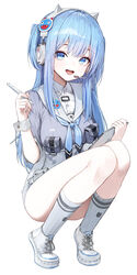  absurdres animal_ear_headphones animal_ears blue_eyes blue_hair blue_neckerchief cross-laced_footwear fake_animal_ears female full_body goddess_of_victory:_nikke grey_shirt grey_skirt grey_socks headphones high-waist_skirt highres holding holding_stylus holding_tablet_pc huhi_(huhi_1211) light_blue_hair looking_at_viewer neckerchief open_mouth shifty_(nikke) shirt short_sidetail skirt sleeves_rolled_up smile socks solo squatting stylus tablet_pc thighs tiptoes white_footwear white_headphones white_wrist_cuffs wrist_cuffs 