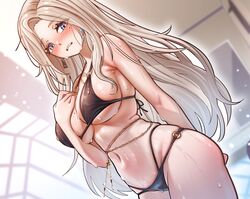  bikini black_bikini blonde_hair blue_eyes blurry blurry_background blush breasts earrings female gotica hand_on_own_chest highres jewelry large_breasts lee_rein long_hair mole mole_on_breast mole_under_eye multi-strapped_bikini_bottom navel o-ring o-ring_bikini parted_lips swimsuit virtual_youtuber vlyz wet wet_bikini 