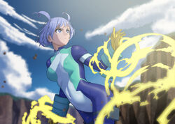  blue_bodysuit blue_eyes blue_hair blue_sky bodysuit boku_no_hero_academia cloud commentary_request covered_navel covered_nipples day debris energy female gloves green_bodysuit hadou_nejire hair_horns multicolored_bodysuit multicolored_clothes official_alternate_hair_length official_alternate_hairstyle outdoors pimm_(chiramegd) short_hair sky solo superhero_costume yellow_gloves 