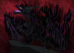  absurd_res ambiguous_gender black_body black_fire black_scales chaos claws colored_fire concept_art dragon feral fire glowing glowing_eyes hi_res magic mythological_creature mythological_scalie mythology onnen scales scalie secrets_of_uncrom solo spiked_tail spikes spikes_(anatomy) tail uncrom visha wings yenocwolf 