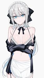  absurdres alternate_costume apron artoria_pendragon_(alter_swimsuit_rider)_(fate) artoria_pendragon_(alter_swimsuit_rider)_(fate)_(cosplay) artoria_pendragon_(alter_swimsuit_rider)_(second_ascension)_(fate) artoria_pendragon_(fate) bikini black_bikini blue_eyes breasts bridal_garter choker cosplay cowboy_shot crossed_arms enmaided fate/grand_order fate_(series) female frilled_bikini frilled_choker frills grey_hair highres hood hoodie large_breasts long_hair looking_at_viewer maid maid_bikini maid_headdress mati5572 morgan_le_fay_(fate) open_clothes open_hoodie ponytail simple_background solo swimsuit unconventional_maid very_long_hair waist_apron white_background 