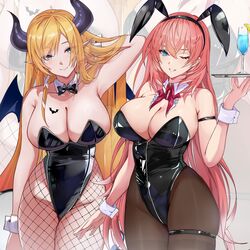  2girls absurdres alternate_costume animal_ears arm_at_side arm_behind_back arm_strap armpits black_bow black_bowtie black_horns black_leotard black_pantyhose black_wings blonde_hair blue_eyes bow bowtie breast_tattoo breasts closed_mouth commentary cowboy_shot cup demon_girl demon_horns demon_wings detached_collar drinking_glass english_commentary fake_animal_ears fishnet_pantyhose fishnets hair_between_eyes hand_in_own_hair highleg highleg_leotard highres holding holding_tray hololive horns large_breasts leotard light_blush long_hair looking_at_viewer multicolored_hair multiple_girls neck_ribbon one_eye_closed pantyhose parted_lips pink_hair playboy_bunny pointy_ears rabbit_ears red_ribbon ribbon skindentation smile standing strapless strapless_leotard streaked_hair swept_bangs takane_lui tattoo teeth thigh_strap thighband_pantyhose tomo0843 traditional_bowtie tray very_long_hair virtual_youtuber white_hair white_wrist_cuffs winged_heart wings wrist_cuffs yuzuki_choco zoom_layer 