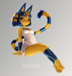  :&lt; animal_crossing animal_ears animal_nose ankha_(animal_crossing) arm_support artist_name bare_shoulders barefoot blue_hair blunt_bangs blurry bob_cut body_fur breasts cat_ears cat_girl cat_tail closed_mouth commentary covered_navel depth_of_field dress english_commentary feet female full_body furry furry_female gradient_background grey_background hair_ornament half-closed_eyes highres invisible_chair leg_warmers legs legs_together looking_to_the_side red_eyes short_dress short_hair sidelocks signature simple_background sitting small_breasts snake_hair_ornament solo striped_tail tail waspsalad white_dress yellow_fur 