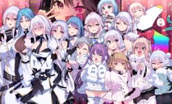  6+girls :o absurdres ahoge avrora_(azur_lane) azur_lane black_gloves black_hair blue_eyes blue_hair blush boots breasts brown_hair chapayev_(azur_lane) closed_eyes closed_mouth coat fur-trimmed_coat fur_collar fur_trim gangut_(azur_lane) gloves gremyashchy_(azur_lane) grey_hair gromky_(azur_lane) grozny_(azur_lane) hair_ornament hairclip hand_on_another&#039;s_head hand_on_shoulder heart heart_print heterochromia highres himiya_jouzu kirov_(azur_lane) large_breasts light_brown_hair long_hair long_sleeves looking_at_another looking_at_viewer medium_breasts minsk_(azur_lane) mole mole_under_eye multiple_girls murmansk_(azur_lane) one_eye_closed open_mouth pamiat_merkuria_(azur_lane) purple_eyes red_eyes simple_background small_breasts smile sovetskaya_belorussiya_(azur_lane) sovetskaya_rossiya_(azur_lane) sovetsky_soyuz_(azur_lane) standing stremitelny_(azur_lane) tallinn_(azur_lane) tashkent_(azur_lane) teardrop v white_coat white_footwear white_hair winter_clothes winter_coat yellow_eyes 