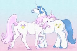  3:2 absurd_res blue_eyes blue_hooves blue_mane blue_tail cutie_mark duo equid equine eyelashes fancypants_(mlp) female feral fleur_de_lis_(mlp) friendship_is_magic fur gradient_background hasbro hi_res hooves horn huskii-s male mammal mane my_little_pony mythological_creature mythological_equine mythology narrowed_eyes pink_eyes pink_hooves pink_mane pink_tail side_view simple_background tail unicorn white_body white_fur white_horn 