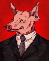  4:5 anthro clothed clothing domestic_pig dress_shirt jacket male mammal necktie no_irises no_pupils pig_nose pink_body pink_skin shirt smile snout solo soysoakedjelly suid suina suit sus_(pig) topwear ugo_(soysoakedjelly) warm_colors 