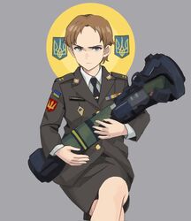  bad_id bad_pixiv_id black_necktie blue_eyes brown_hair closed_mouth coat_of_arms commentary expressionless feet_out_of_frame female grey_background halo halo_behind_head highres holding holding_rocket_launcher holding_weapon korean_commentary long_sleeves looking_at_viewer military military_uniform necktie nlaw original patch rocket_launcher russo-ukrainian_war saint shirt short_hair shoulder_patch sitting skirt solo st._javelin tryzub ukraine ukrainian_flag uniform very_short_hair wani_(perfect_han) weapon white_shirt 