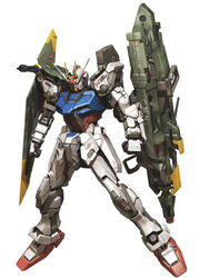  3d english_commentary floating gun gundam gundam_seed holding holding_gun holding_weapon launcher_strike_gundam looking_down mecha mobile_suit robot sandrum science_fiction solo strike_gundam v-fin weapon white_background yellow_eyes 