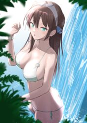  :o alternate_costume aqua_eyes arm_up ass azur_lane bare_shoulders bikini blush bracelet breasts brown_hair butt_crack cleavage collarbone commentary commission female hairband highres jewelry long_hair looking_at_viewer medium_breasts newcastle_(azur_lane) on_water open_mouth pixiv_commission sankyo_(821-scoville) simple_background solo standing swimsuit thighs water white_bikini white_hairband 