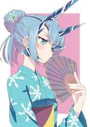  2021 blue_eyes blue_hair blush dress eyepatch female flower hair_bun highres horns ice ice_horns japanese_clothes kageyasu kimono long_hair simple_background single_hair_bun single_horn smile solo theory_(xenoblade) xenoblade_chronicles_(series) xenoblade_chronicles_2 