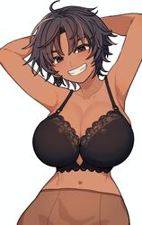  absurdres ahoge armpits arms_behind_head black_bra bon_(vtuber) bra breasts brown_hair brown_pantyhose cleavage collarbone dark-skinned_female dark_skin earrings female fish_bone_earrings grey_eyes grin hair_between_eyes highres indie_virtual_youtuber jewelry large_breasts looking_at_viewer multicolored_hair navel pantyhose pink_hair second-party_source short_hair smile solo streaked_hair teeth underwear upper_body virtual_youtuber white_background yugami_gooshu 